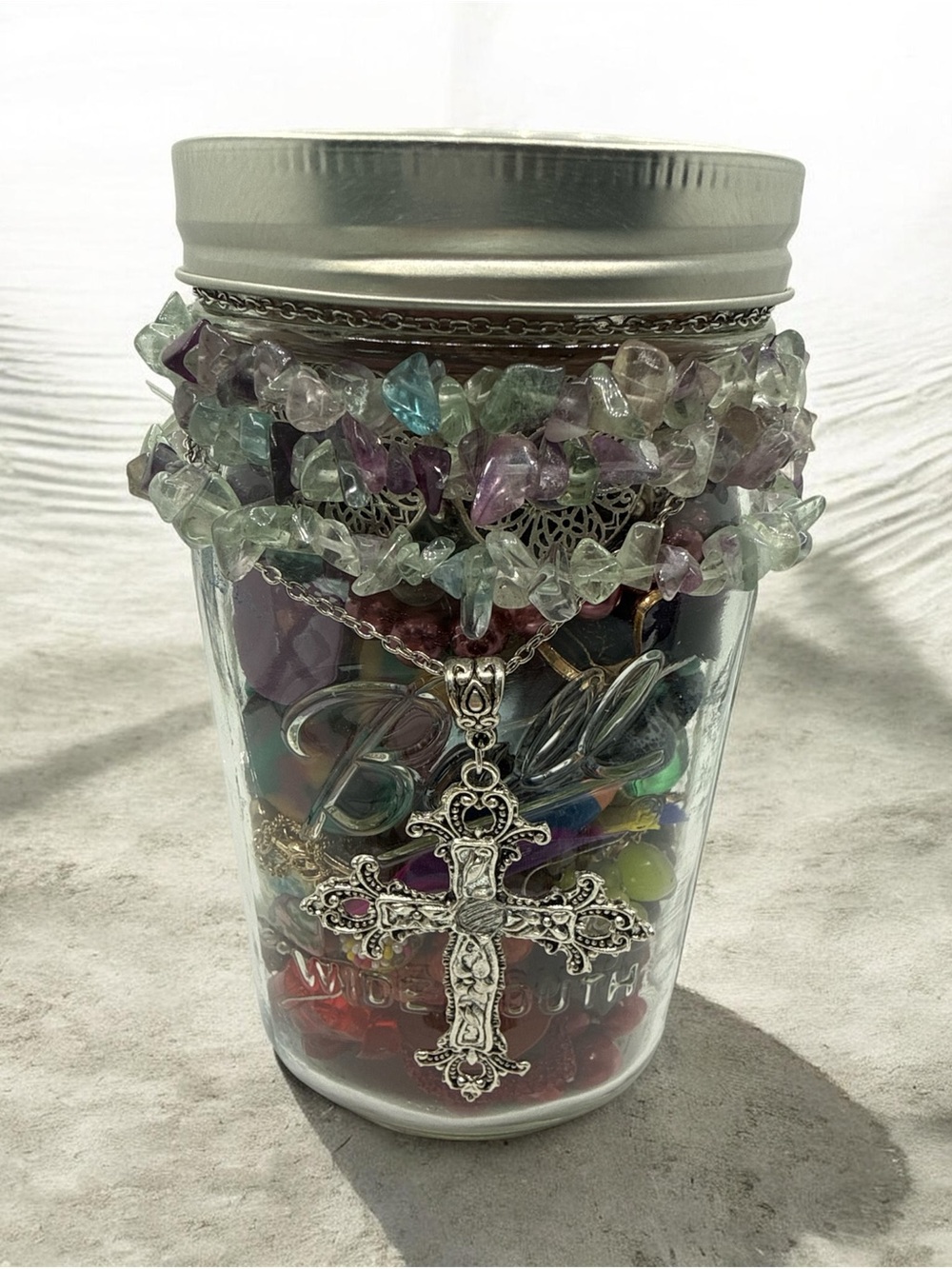 Decorative Silver Cross Mason Jar Accent Mystery Mason Jar.